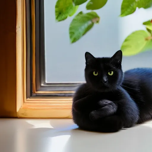 Image similar to peaceful dreamy painting of a content black cat sitting by a window, detailed face, sunshine coming through the window, small plants on the window sill, 4k resolution, highly detailed