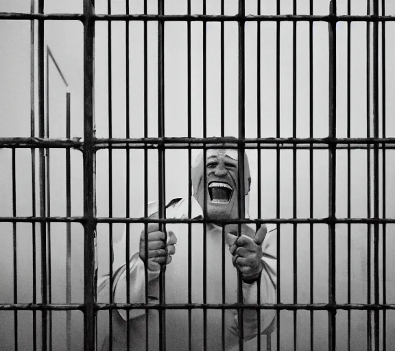 Prompt: Joachim Brohm photo of 'avengers thanos laughing behind jail bars', high contrast, high exposure photo, monochrome, DLSR, grainy