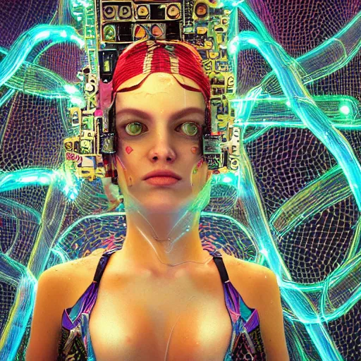 Prompt: deeper into the metaverse we go, piles of modular synth cables, puerto rican goddess swimming up wearing a headpiece made of circuit boards, by cameron gray, wlop, stanley kubrick, masamune, hideki anno, jamie hewlett, unique perspective, trending on artstation, 3 d render, vivid pastel colors