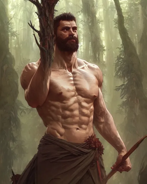 Image similar to god of the forest, male, detailed face, muscular, intricate, highly detailed, digital painting, artstation, concept art, sharp focus, illustration, art by greg rutkowski and alphonse mucha