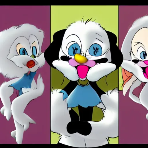 Image similar to in the style of animaniacs, anthropomorphic mink, female, white fur,