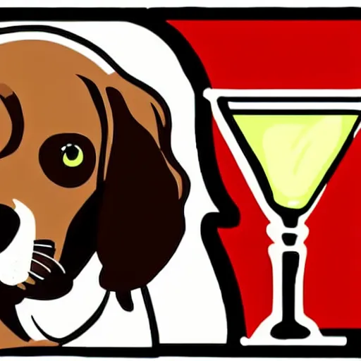 Image similar to a brown spaniel with a white chest playing a piano, Martini on the side. Artwork adult swim style, beer logo, no text