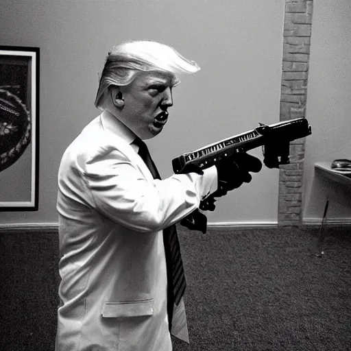 Image similar to “Donald Trump on the Call of Duty Map Der Reise fighting zombies and holding a Ray Gun, 8 mm lens photography”