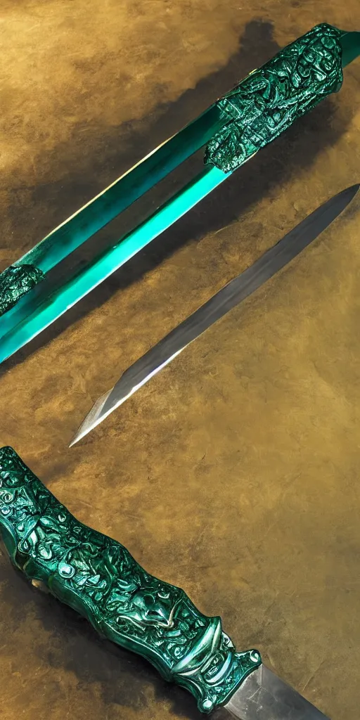 Image similar to photograph of a wide green and teal crystal double - edged sword blade attached to a big gold sword hilt