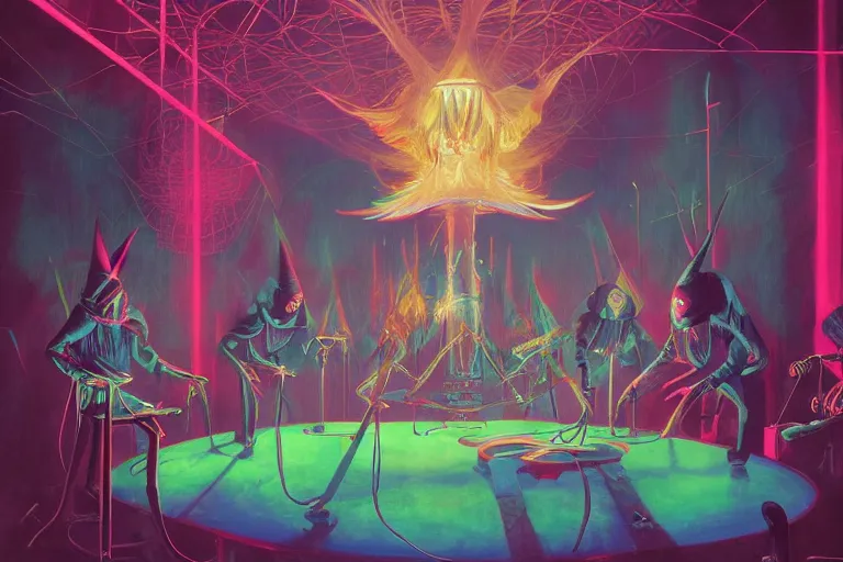 Prompt: a beautiful highly detailed masterpiece photograph of wizards performing cutting edge prompt engineering in a scientific laboratory by remedios varo and anato finnstark and greg rutkowski and andy warhol and francis picabia, dayglo pink, dayglo blue, prismatic, glowing, trending on artstation