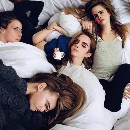 Image similar to emma watson and her friends sleeping in a bunch of cozy beds