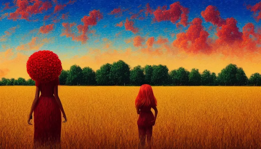 Image similar to giant red carnation afro head, full body, girl watching sunset, empty wheat field, surreal photography, colorful clouds, tree, impressionist painting, colorful clouds, digital painting, pointillism, artstation, simon stalenhag