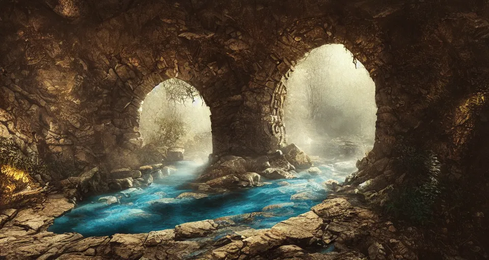 Prompt: a beautiful landscape painting, an ancient tunnel water running down the walls that is alive, by sam guay, moody lighting, hyperrealism, 4 k, octane render