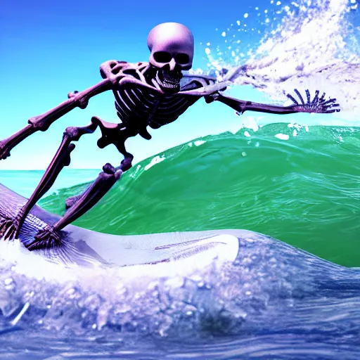 Prompt: photorealistic skeleton surfing over a wave