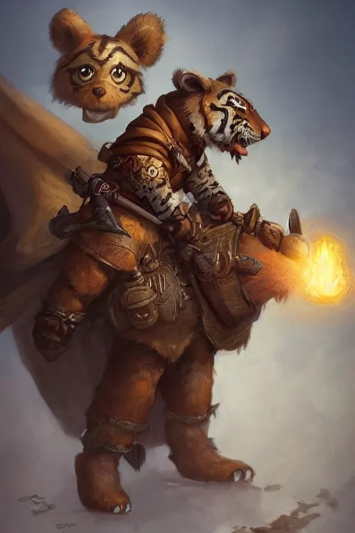 Image similar to migty bear wearing a cape, a gypsy riding a tiger, tiny, small, miniature , animal, short, adorable, pretty, beautiful, DnD character art portrait, matte fantasy painting, DeviantArt Artstation, by Jason Felix by Steve Argyle by Tyler Jacobson by Peter Mohrbacher, cinematic lighting