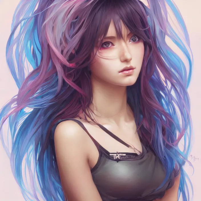 Image similar to portrait of beautiful symmetrical anime girl, rainbow hair, attractive, casual, modern, victoria's secret, highly detailed, digital painting, artstation, concept art, smooth, sharp focus, illustration, art by artgerm, greg rutkowski and alphonse mucha, 8 k,