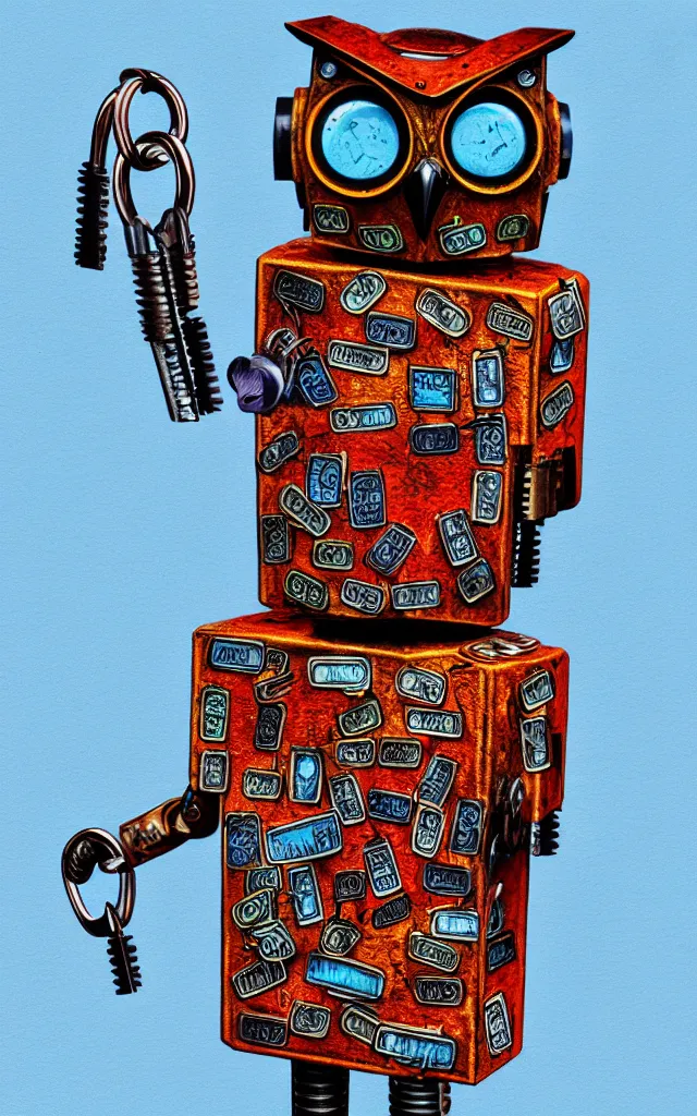 Image similar to colored pencil and pen drawing of an animatronic robot owl - bird made from rusty old keys and padlocks, 4 k photorender realityengine