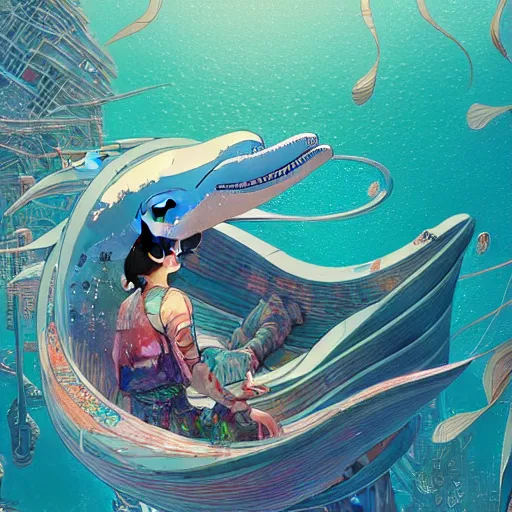 Image similar to a beautiful hyperdetailed character design 4 k wallpaper illustration of a cute dolphin, city by the sea, victo ngai cyberpunk style, from china, style of studio ghibli, makoto shinkai, raphael lacoste, louis comfort tiffany, artgerm, james jean, ross tran, chinese style