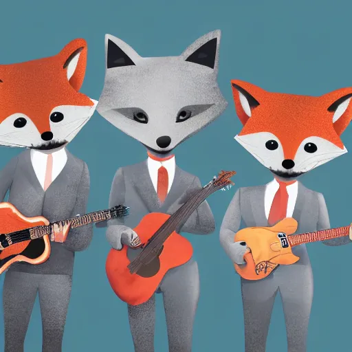 Image similar to photorealistic music album cover, with anthropomorphic foxes animals dressed in suits, holding guitars, on a beach, all looking at camera, studio lighting, award winning photograph, 8 5 mm f / 1. 4