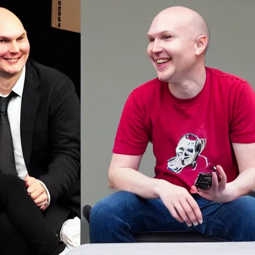 Prompt: billy corgan is seen talking to his friends about going into business together. then billy and mark zuckerberg see an ad in the paper for a house to rent. they are both laughing and trying to decide which to choose