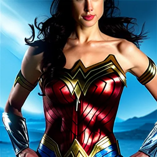 Image similar to A wide angle shot of Gal Gadot as Wonder Woman with athletic body, painting by Alex Ross