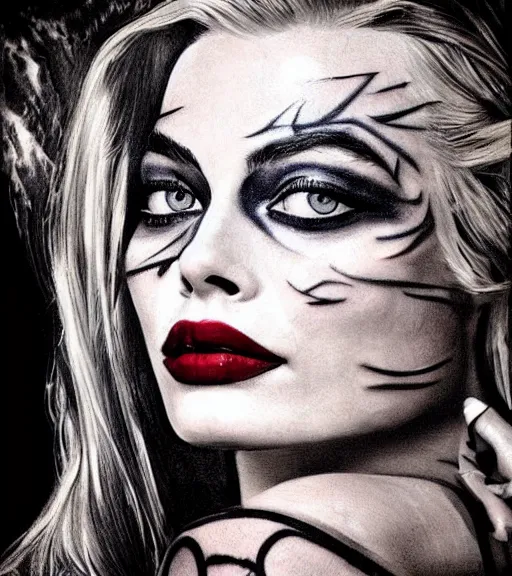 Image similar to tattoo design sketch of beautiful margot robbie portrait with joker makeup, in the style of den yakovlev, realistic face, black and white, realism tattoo, hyper realistic, highly detailed