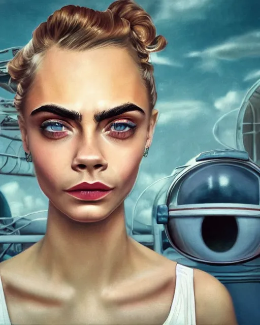 Image similar to closeup face profile portrait of cara delevingne as a soviet chernobyl space toy, bikini, depth of field, zeiss lens, detailed and intricate environment, fashion photoshoot by nicoletta ceccoli, mark ryden, lostfish, breathtaking, 8 k resolution, artistic, hyperrealistic, octane render