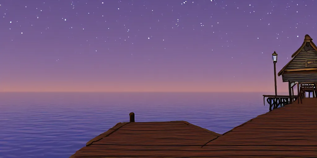 Image similar to a quiet pier at night with a single boat by a tavern in the style of Monkey Island: 2