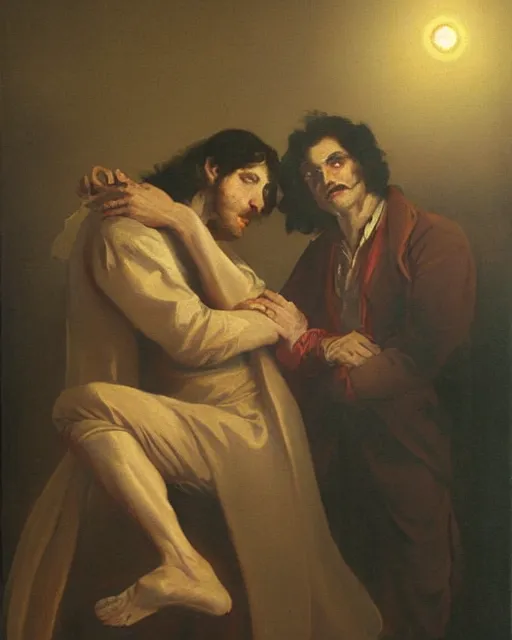 Image similar to a baroque painting of two beautiful but sinister men wearing oxford shirts in layers of fear, with haunted eyes and dark hair, 1 9 7 0 s, seventies, wallpaper, a little blood, moonlight showing injuries, delicate embellishments, painterly, offset printing technique, by brom, robert henri, walter popp