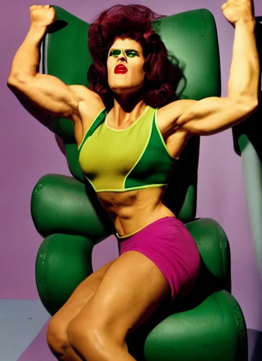 Image similar to a color photo portrait of she hulk in la wearing 6 0's fashion by bruce weber, dramatic lighting, 7 5 mm lens, sharp focus.