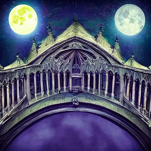 Image similar to large gothic hall with a large moon on the ceiling, cyberspace, soft light, art station, detailed, colorful, symmetrical