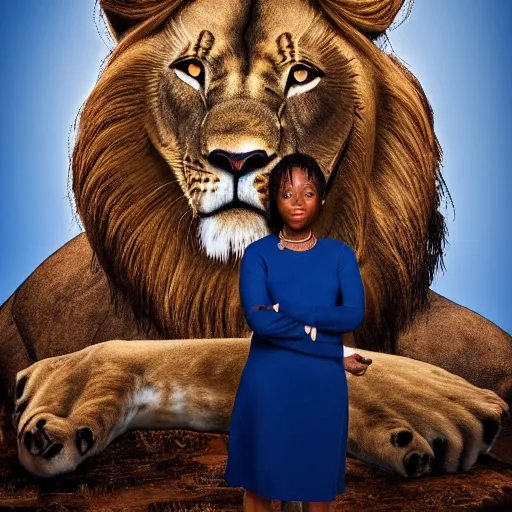 Prompt: professional photograph portrait of African Elvin princess, standing by statue of a lion, intricate complexity, manga styling, intricate complexity, subsurface scatter, drum scanner, 8k render