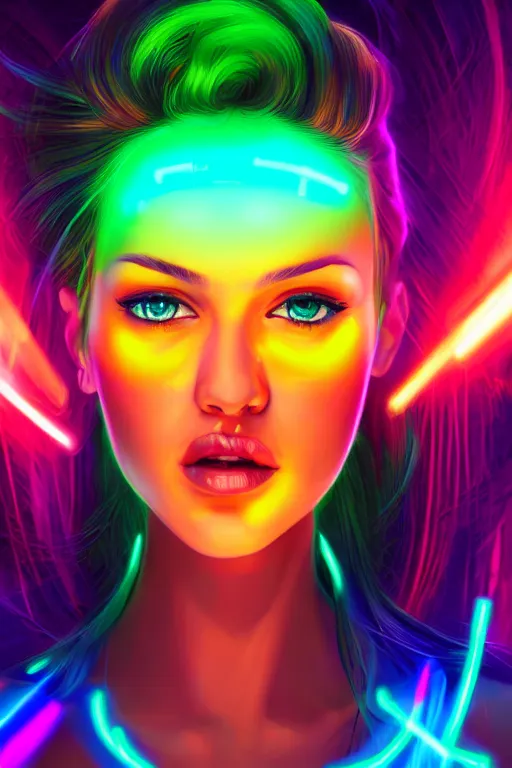 Image similar to a award winning half body portrait of a beautiful woman with stunning eyes in a croptop and cargo pants with rainbow colored ombre hairstyle head in motion and hair flying by thomas danthony, surrounded by whirling illuminated neon lines, outrun, vaporware, shaded flat illustration, digital art, trending on artstation, highly detailed, fine detail, intricate