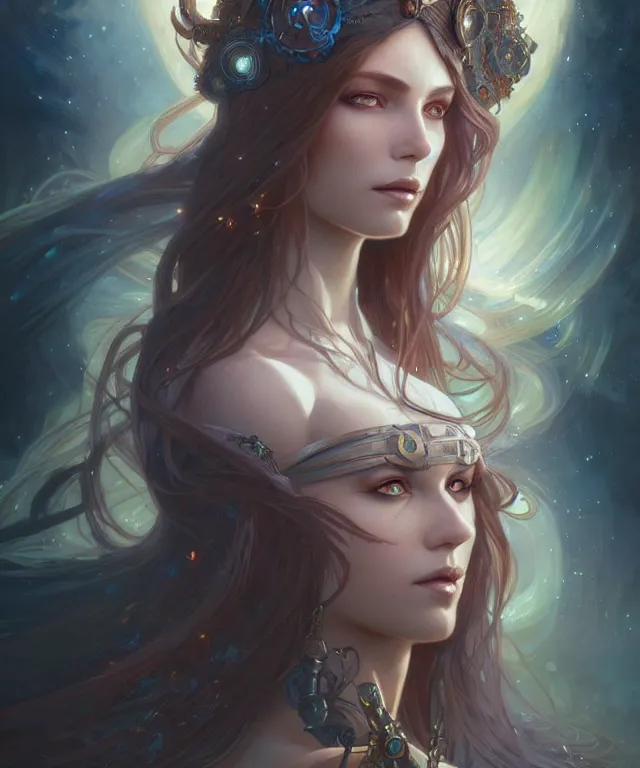 Image similar to A fantasy magic woman portrait, sci-fi, amber eyes, face, long hair, fantasy, intricate, elegant, highly detailed, digital painting, artstation, concept art, smooth, sharp focus, illustration, art by artgerm and greg rutkowski and alphonse mucha