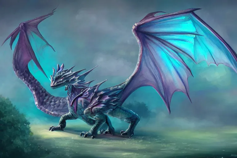 Image similar to full body digital illustration of a baby dragon with iridescent wings, pastel color scheme, concept art, matte background, deviantArt, artstation, artstation HQ, HD, 4k resolution