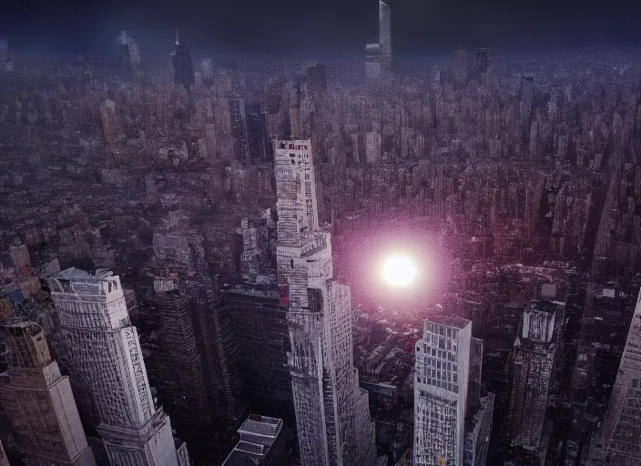 Image similar to film still of the moon shattering into pieces over time square in the new disaster movie, 8 k, night time