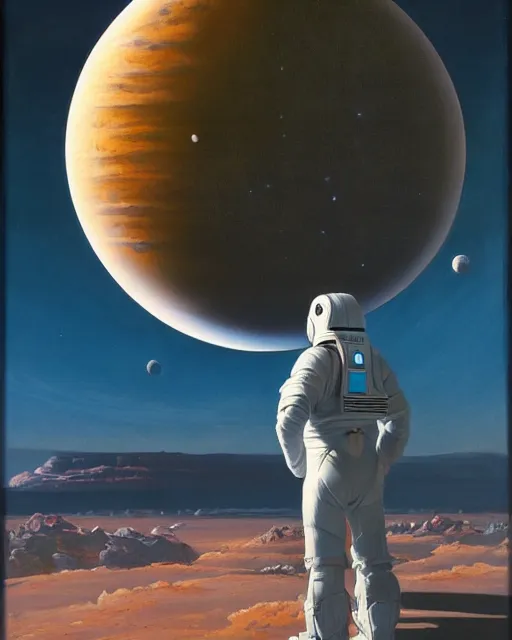 Image similar to a painting of a man standing in front of a planet, a detailed matte painting by david schleinkofer and by philippe bouchet and by syd mead, featured on deviantart, space art, sci - fi, dystopian art, matte painting