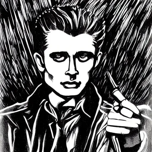 Image similar to black and white pen and ink!!!! Twin Peaks Black Lodge goetic vampire James Dean golden!!!! Vagabond!!!! floating magic swordsman!!!! glides through a beautiful!!!!!!! floral!! battlefield dramatic esoteric!!!!!! pen and ink!!!!! illustrated in high detail!!!!!!!! by Moebius and Hiroya Oku!!!!!!!!! graphic novel published on 2049 award winning!!!! full body portrait!!!!! action exposition manga panel black and white Shonen Jump issue by David Lynch eraserhead and beautiful line art Hirohiko Araki!!