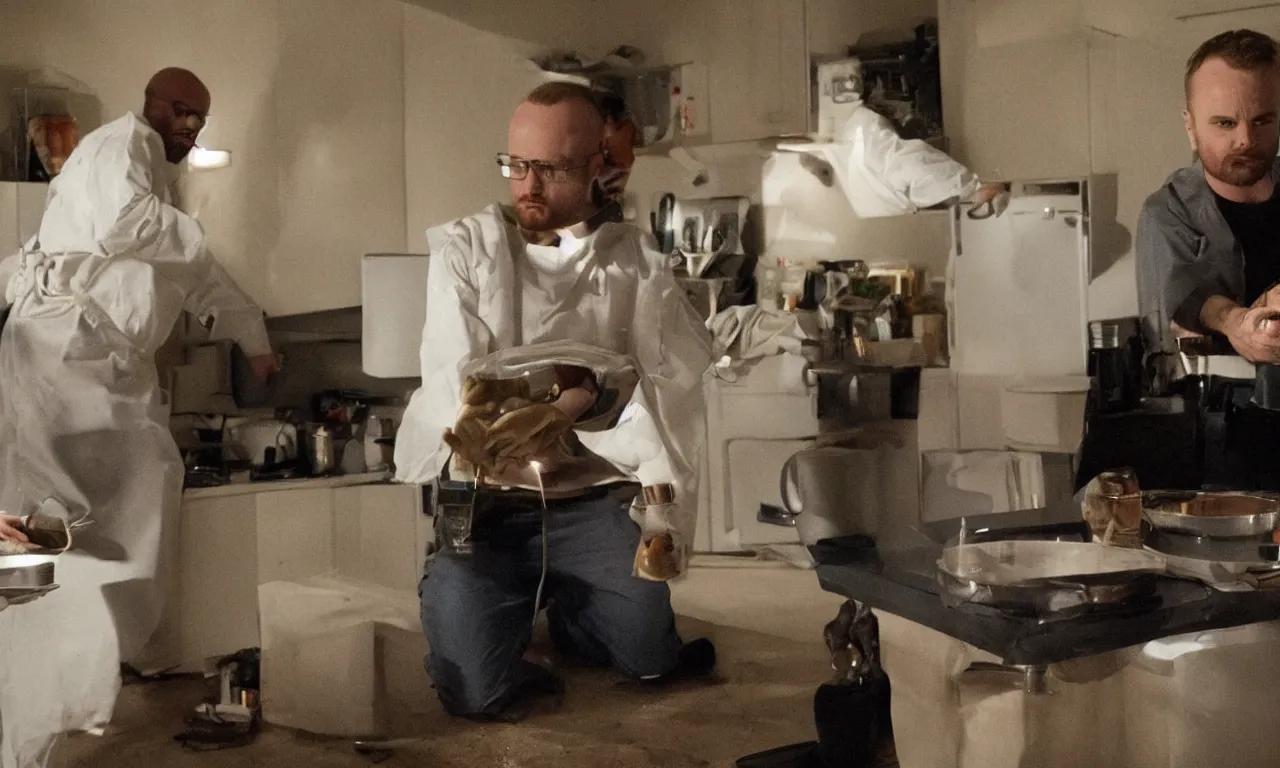 Image similar to a jesse pinkman cook gus for walter white, a still shot from breakingbad