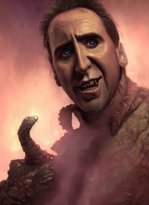 Image similar to A fantasy comic book style portrait painting of Nicolas Cage as a goblin in a cavern setting, unreal 5, DAZ, hyperrealistic, octane render, RPG portrait, ambient light, dynamic lighting