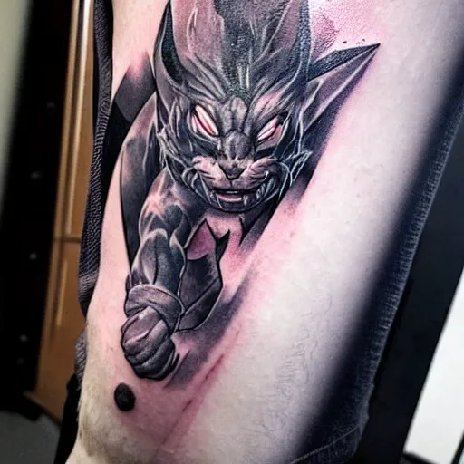 Image similar to a tatoo of rengar from league of legends,