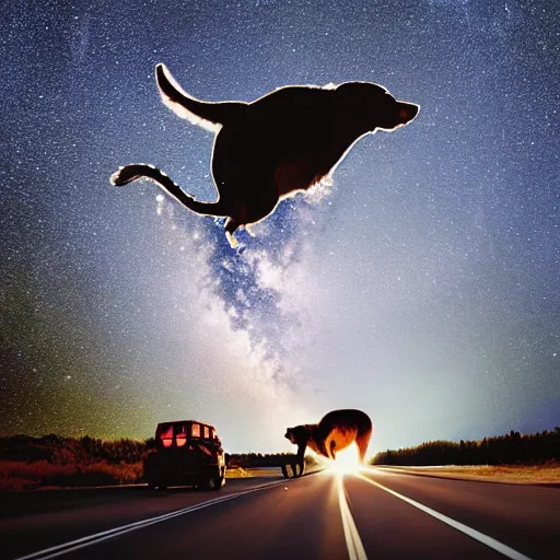 Prompt: national geographic picture of the dumb and dumber dog van entering the atmosphere