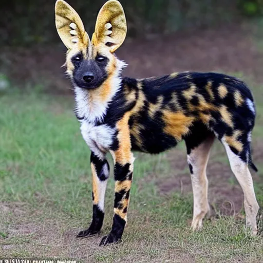 Prompt: Look at this african painted dog with his huge radar ears- positively fluffsome all around and no doubt prone to rambunctiousness