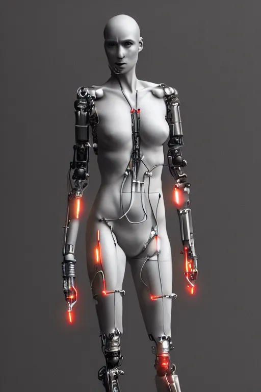 Image similar to a full body portrait of a replicant female, cybernetic body connected with wires, hyperrealism, ultra realistic, 4k, unreal engine 5 render, wide angle lens, trending on artstation, crispt details