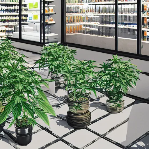 Prompt: bustling economy clean minimalist retail cannabis leaf pot plants, aussie, illustrated, environment portrait by steve hanks, australia 3 d axometric render still by pixar