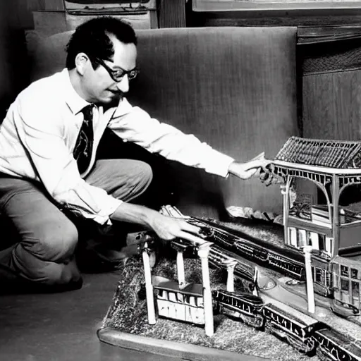 Prompt: alfredo perez rubalcaba playing with train toys