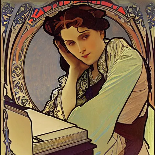 Image similar to a confused designer looking at their laptop by Alphonse Mucha