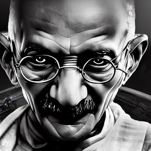 Prompt: Portrait of Mahatma Gandhi in Gears of War, splash art, movie still, cinematic lighting, dramatic, octane render, long lens, shallow depth of field, bokeh, anamorphic lens flare, 8k, hyper detailed, 35mm film grain