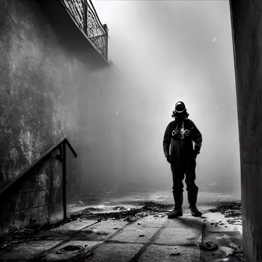 Image similar to A misterious man wearing a gas mask using a flashlight is standing on the midle of a stair alley looking in the direction of the camera :: outside, blue sky visible :: Ruined city with vegetation and trees growing all over the place in the distroyed buildings :: apocalyptic, shadowy, disolate :: A long shot, low angle, dramatic backlighting, simetric photography, night time, slighty colorful :: cinematic shot, very detailed