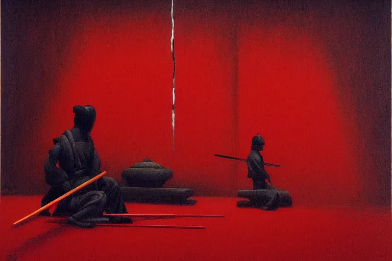 Image similar to only with red, a red samurai do seppuku, tokio, a lot of frogs watch, in the style of beksinski, parts by edward hopper, parts by rodcenko, parts by yue minjun, intricate and epic composition, red by caravaggio, insanely quality, highly detailed, masterpiece, red light, artstation, 4 k