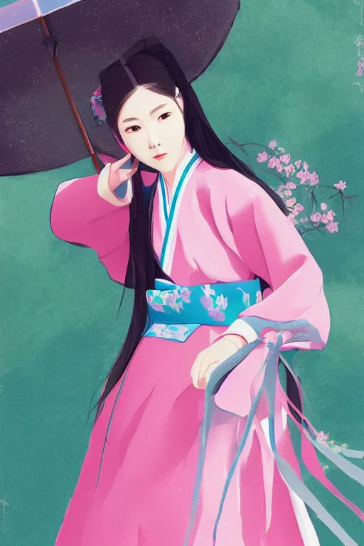 Prompt: pretty korean woman wearing beatiful hanbok, bright pastel colors, trending on artstation, studio ghibli painterly style