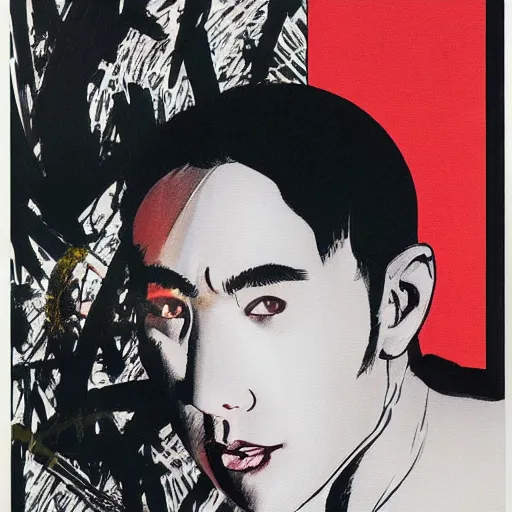 Prompt: portrait of glamorous yukio mishima, hanafuda vogue cover illustration by yoji shinkawa, james jean and stina persson