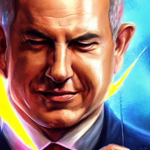 Image similar to portrait of benjamin netanyahu smirking while holding lightning bolts with his hands, by artgerm and greg rutkowski