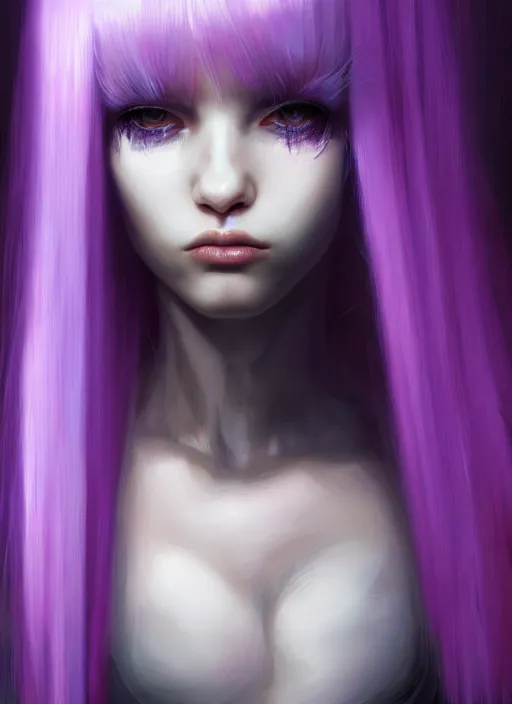 Image similar to hair whitebangs hair, black cyberlox, portrait of normal teenage girl, white bangs, messy bangs, fluffy bangs, cyberlox, whitebangs, red irises, purple background, intricate, elegant, highly detailed, digital painting, artstation, concept art, sharp focus, smooth, illustration, art by wlop, mars ravelo and greg rutkowski