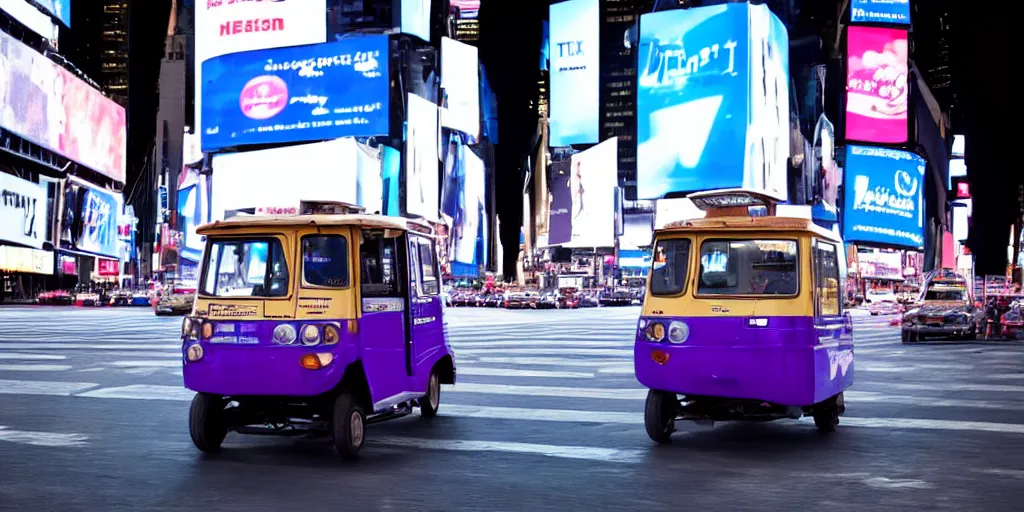 Prompt: a blue and white tuk tuk in Times Square at night, hazy, cloudy, diffused lighting, concept art, dark purple tones, shallow depth of field4k